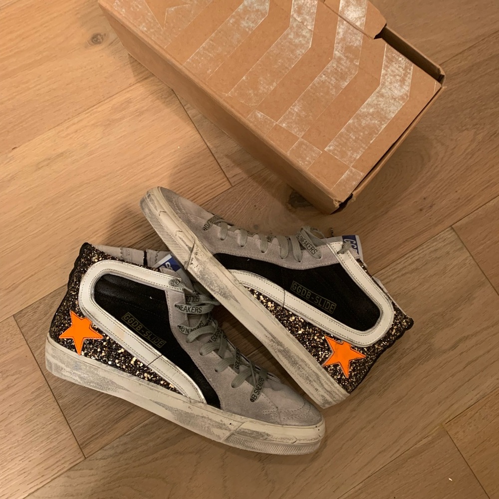 Golden Goose sneakers slides size 40- black gold glitter orange star